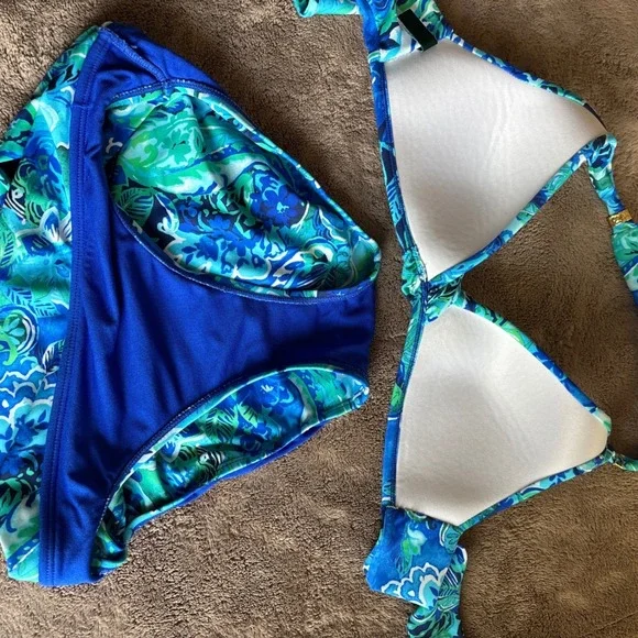 Lauren Ralph Lauren Exotic Paisley Halter Bikini Set Blue Green - Picture 7 of 10
